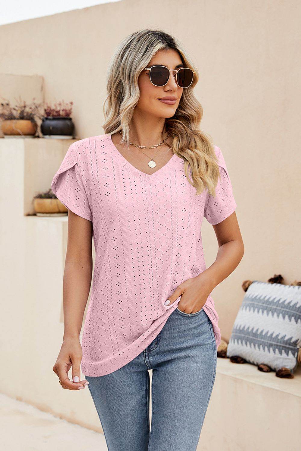 Trendsi Eyelet Petal Sleeve V-Neck Casual Knit Top - Solid Colors, Slightly Stretchy, Long Length