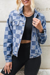Checkered Button Up Long Sleeve Denim Jacket Medium