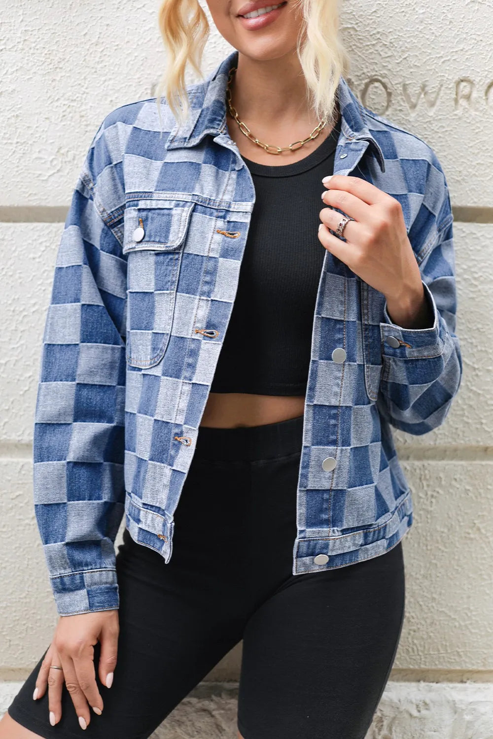 Stylish Checkered Long Sleeve Denim Jacket with Pockets - 56% Cotton, 44% Polyester