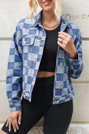 Checkered Button Up Long Sleeve Denim Jacket Medium