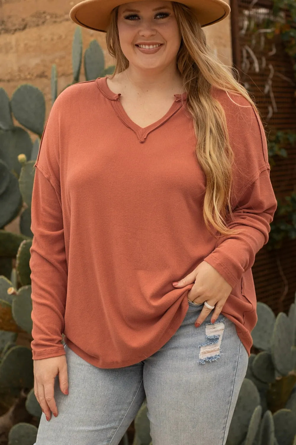 Plus Size Opaque Notched Long Sleeve T-Shirt in Stretchy Viscose Blend - Sizes 1XL to 3XL
