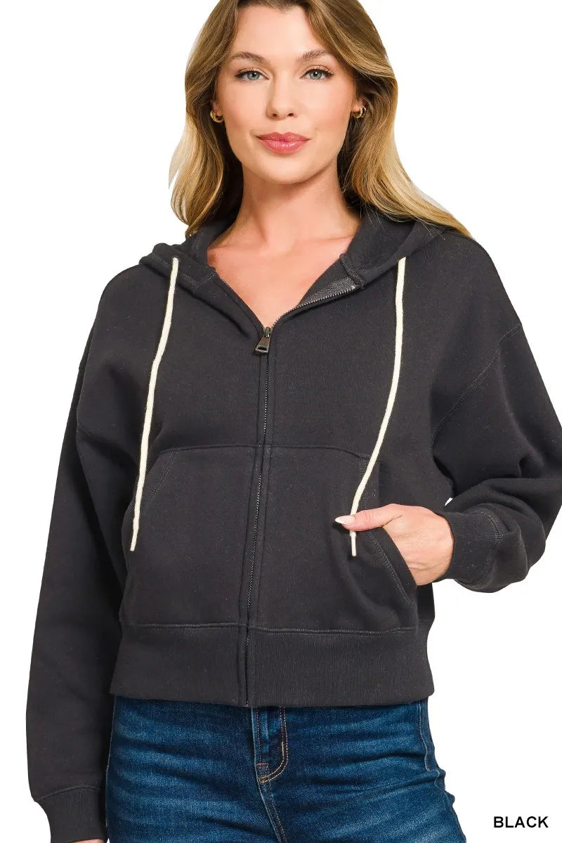 Trendy Zenana Fleece Cropped Zip-Up Hoodie with Pockets - Cozy and Stylish Layering Essential