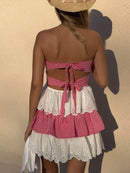 Eyelet Gingham Ruffle Layered Tube Dress