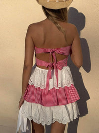 Eyelet Gingham Ruffle Layered Tube Dress