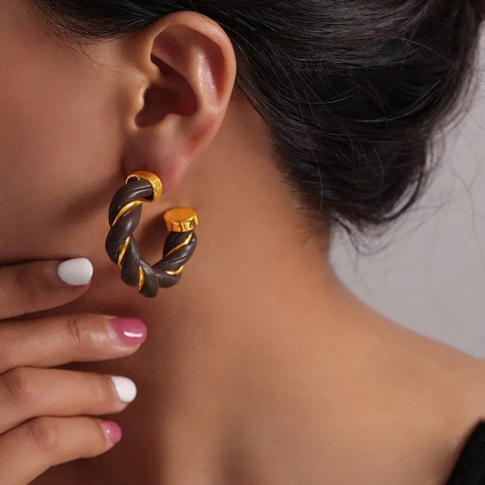 Elegant Twisted Leather Rope C-Hoop Earrings - 18K Gold-Plated Copper for Stylish Appeal