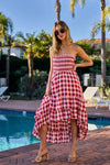 BiBi Smocked Body Off Shoulder Check Dress RED IVORY