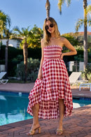 BiBi Smocked Body Off Shoulder Check Dress RED IVORY