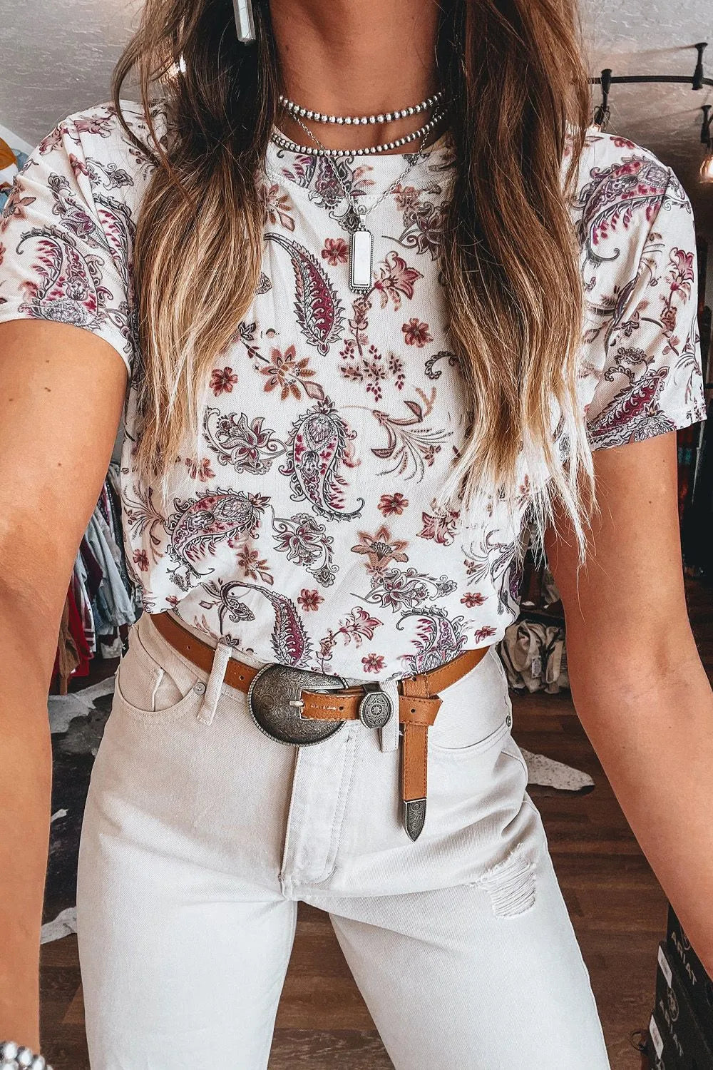 Trendy Paisley Mock Neck T-Shirt for Women - Slightly Stretchy & Opaque Fabric