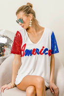 Chic Metallic Letter V-Neck Top with Sequin Sleeves for Glamorous Looks - Store 42