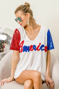 Chic Metallic Letter V-Neck Top with Sequin Sleeves for Glamorous Looks - Store 42