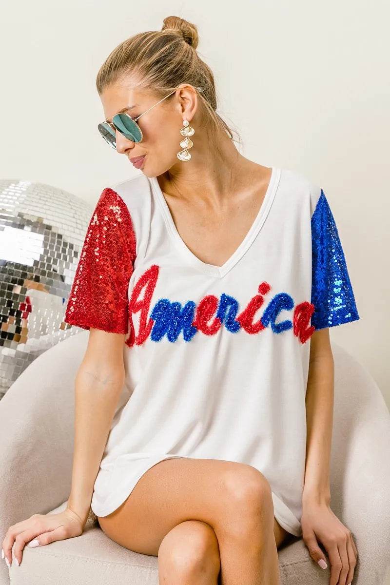 Chic Metallic Letter V-Neck Top with Sequin Sleeves for Glamorous Looks - Store 42