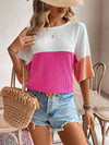 Stylish Color Block Ribbed Knit T-Shirt for Casual Outfits - Slightly Stretchy Fabric - Store 42