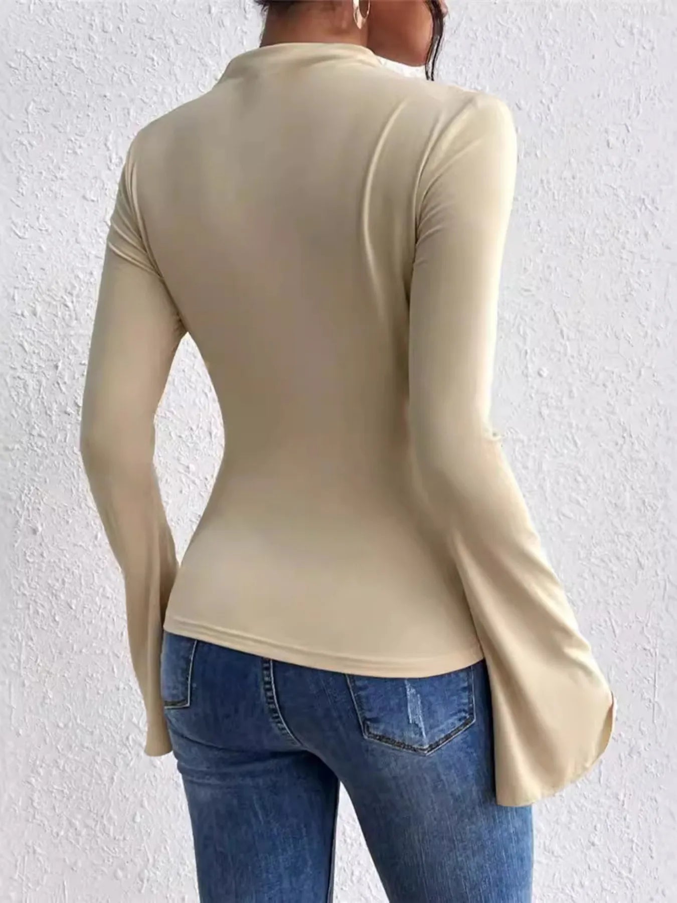 Trendy Bell Sleeve Ruched Fitted T-Shirt with Mock Neck - Stretchy Polyester & Spandex Blend