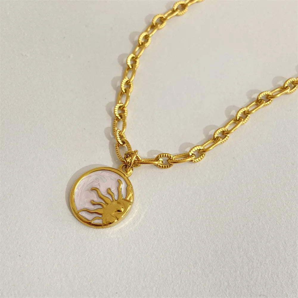 18K Gold-Plated Titanium Steel Necklace with White Mother-of-Pearl Sun & Moon Pendant