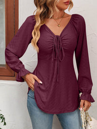 Mandy Tie Front V-Neck Blouse with Flounce Sleeves in Solid Casual Style - Store 42
