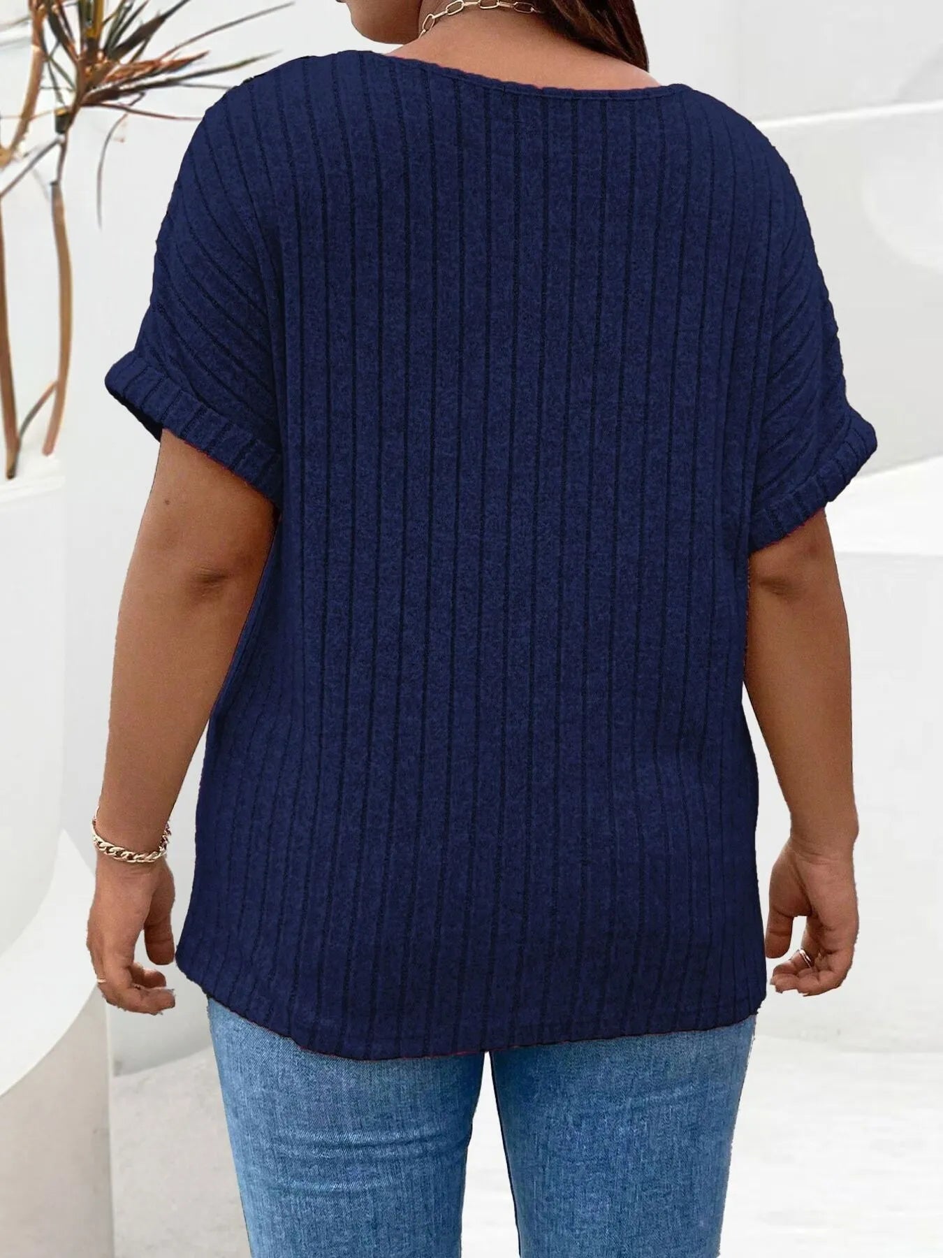 Plus Size Ribbed Half Zip T-Shirt - Relaxed Fit, Slightly Stretchy, Comfortable Style