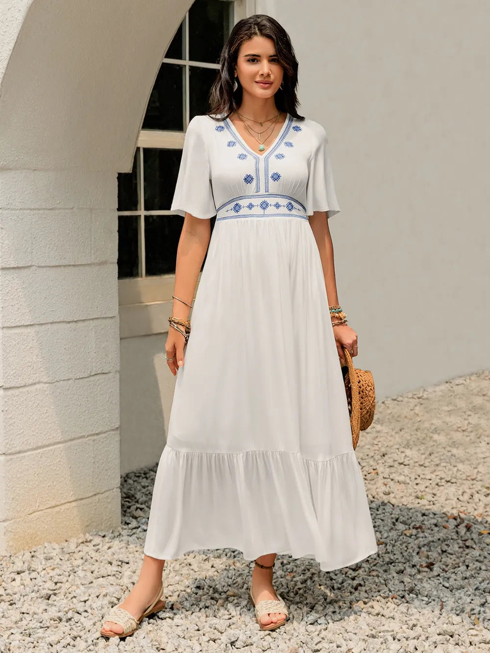 Ruffled Hem V-Neck Flutter Sleeve Dress with Ruched Design - Slightly Stretchy and Lined