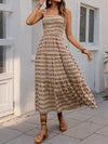 Printed Tiered Wide Strap Midi Dress Camel