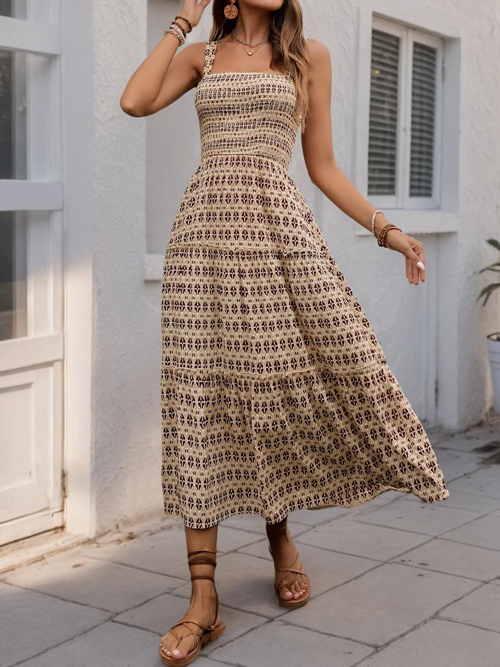 Sleek Printed Tiered Midi Dress with Wide Straps & Smocked Design - Opaque & Slightly Stretchy