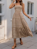Printed Tiered Wide Strap Midi Dress Camel