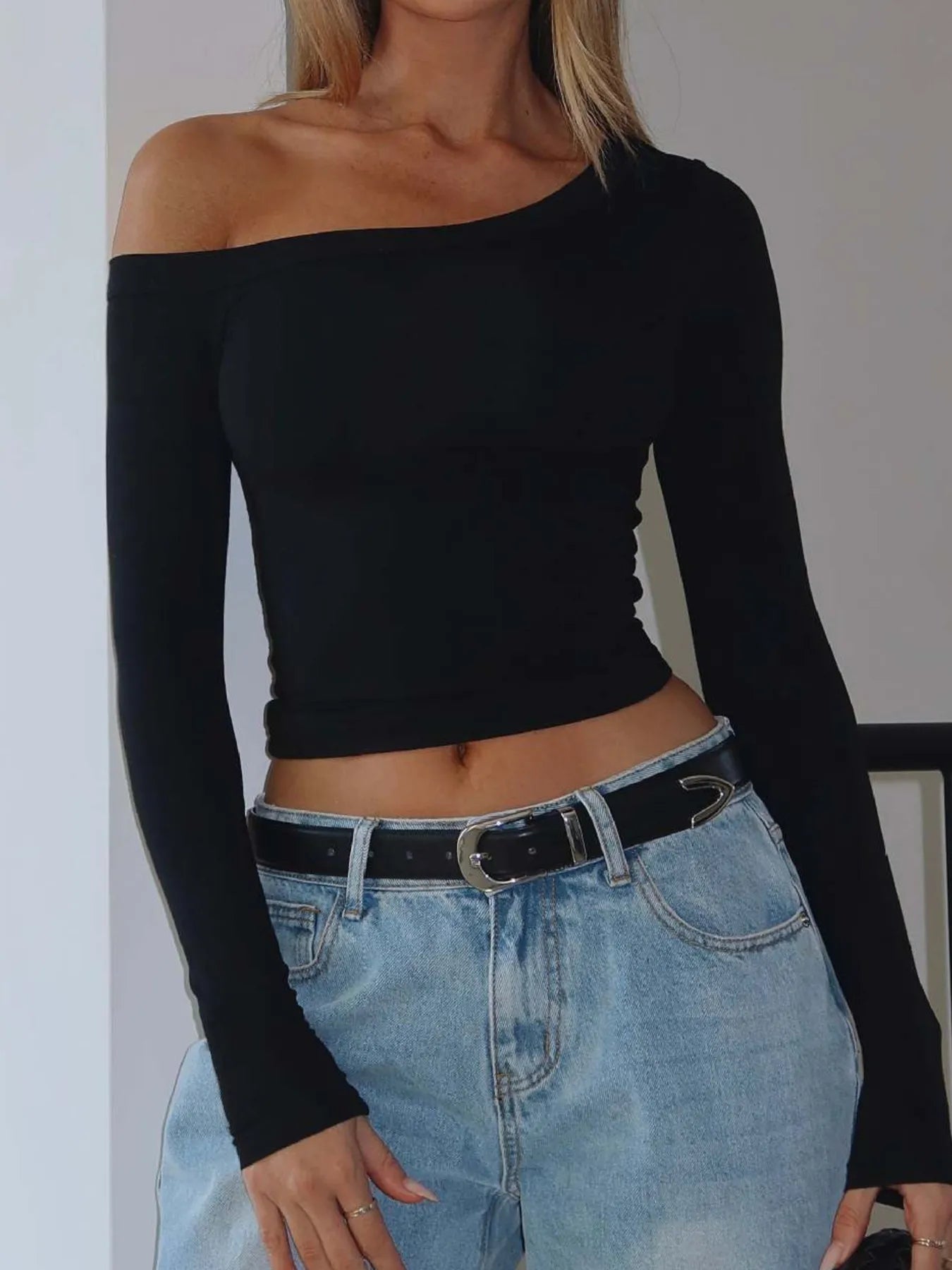 Asymmetrical One Shoulder Long Sleeve Crop T-Shirt – Ribbed Stretch Fabric, Trendy Basics