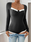 Perfee Ribbed Contrast Long Sleeve Bodysuit - Store 42