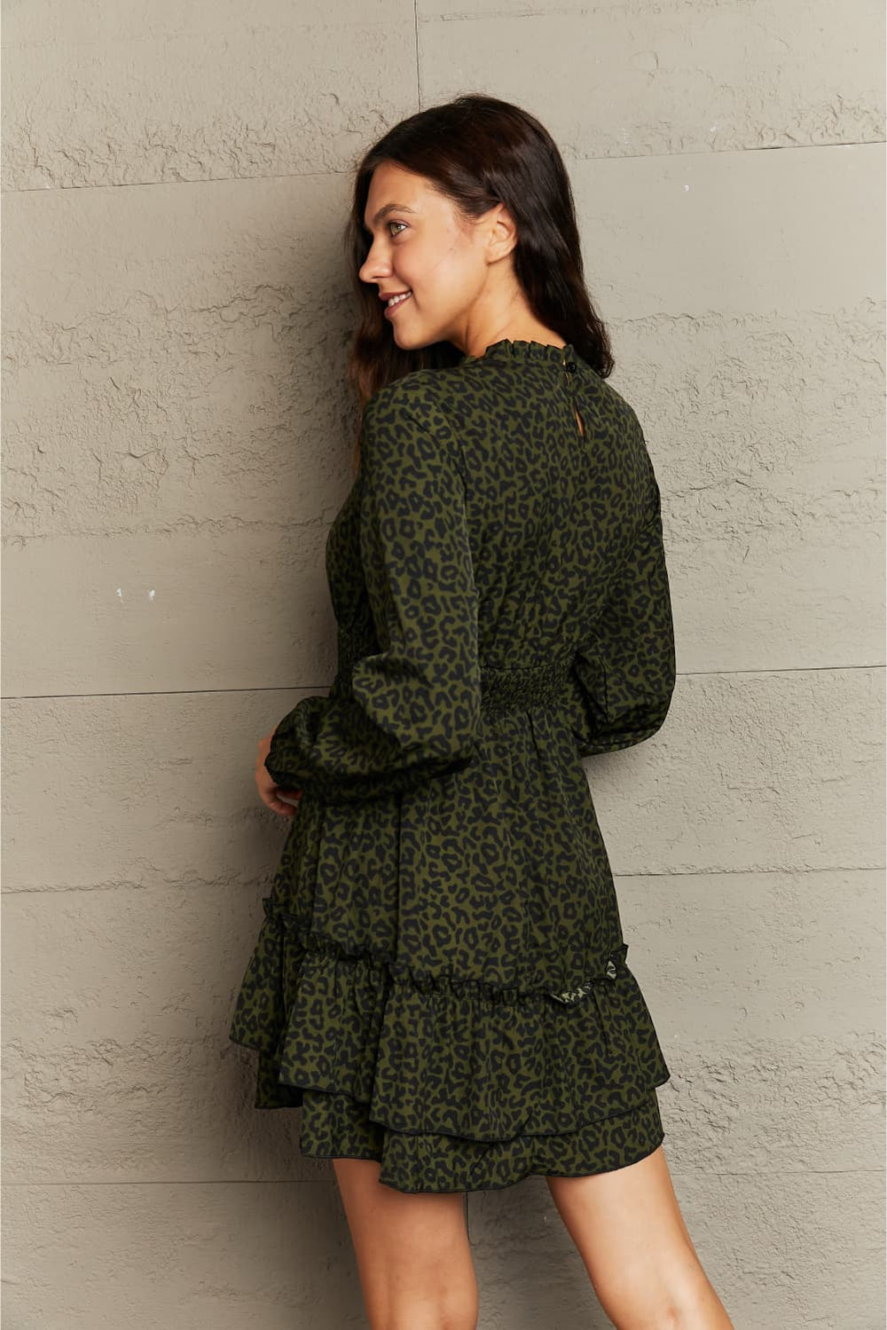 Honey Leopard Print Smock Waist Mini Dress with Ruffle Collar and Long Sleeves