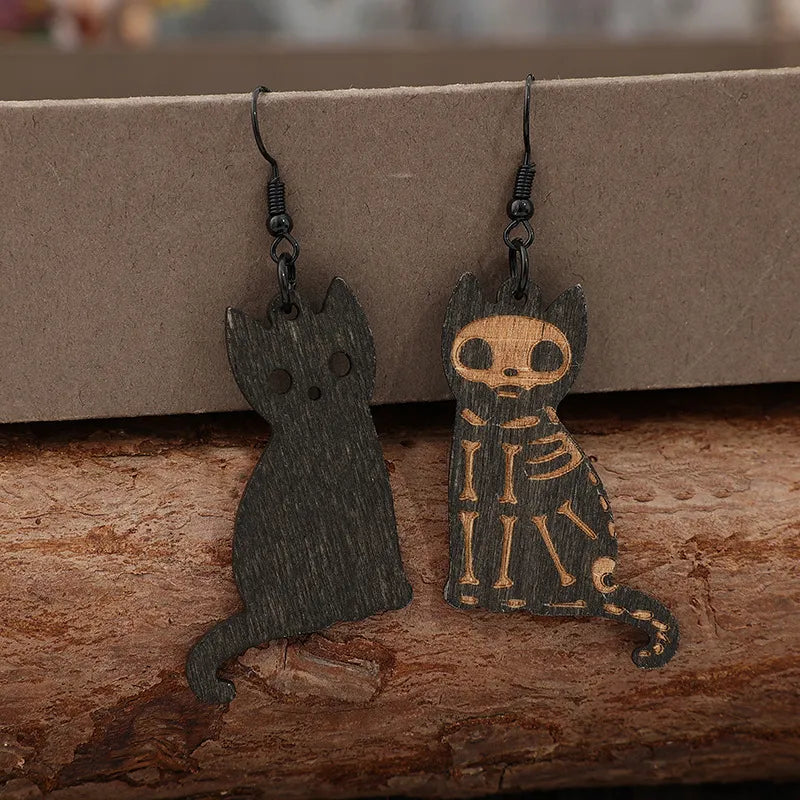 Charming Wooden Cat Earrings with Alloy Hooks - Unique 2.7 Inch Lightweight Jewelry