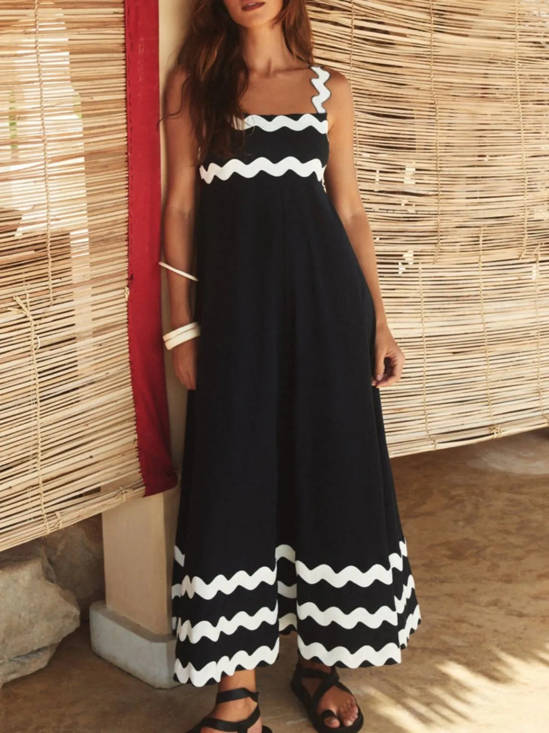 Contrast Trim Square Neck Maxi Cami Dress Black White