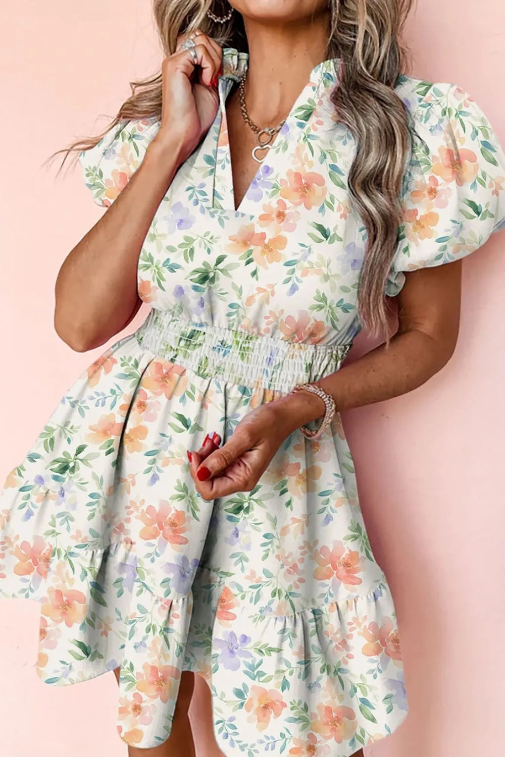 Notched Puff Sleeve Dress with Frill and Smocked Detailing - 100% Cotton, Partially Lined