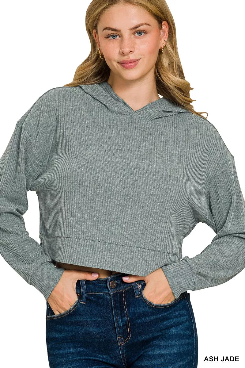 Zenana Ash Jade Ribbed Crop Hoodie with Drawstring and Kangaroo Pocket for Casual Style