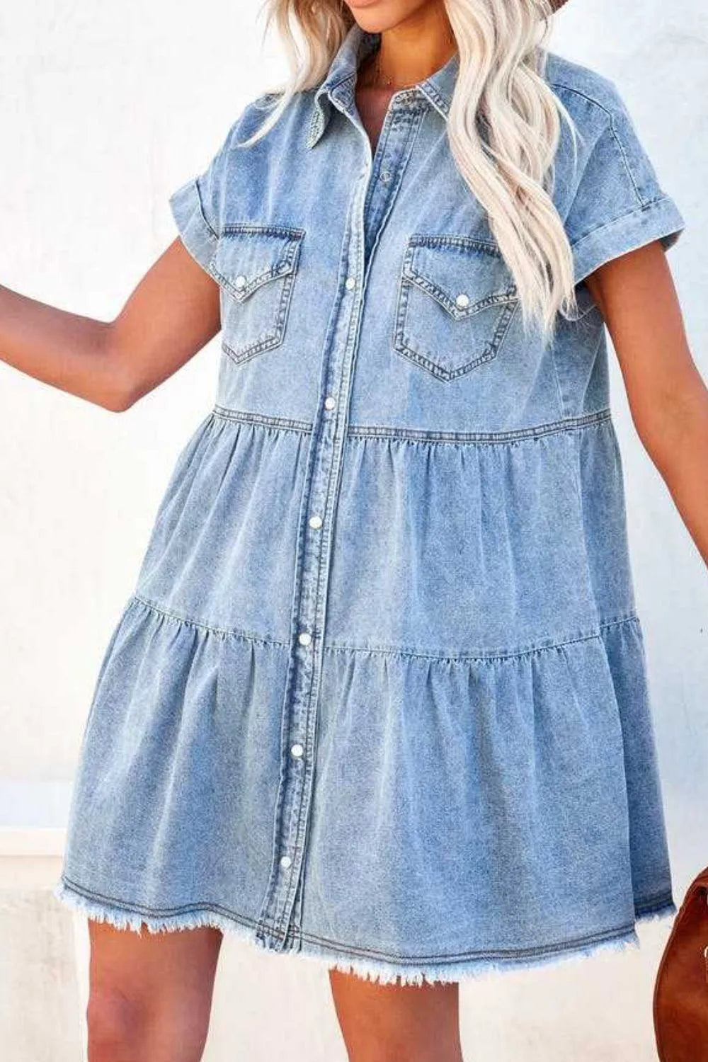 Tiered Raw Hem Denim Mini Dress With Pockets - Button Down Style, 95% Cotton Blend