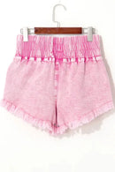 Washed Wide Smocked Waistband Frayed Denim Shorts
