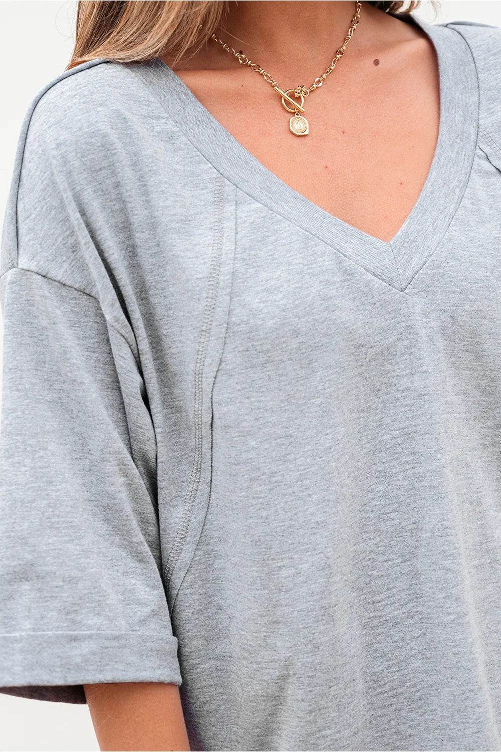 Trendy High Raglan V Neck Oversized T Shirt - Half Sleeve, Stretchy Fabric, Casual Chic - Store 42
