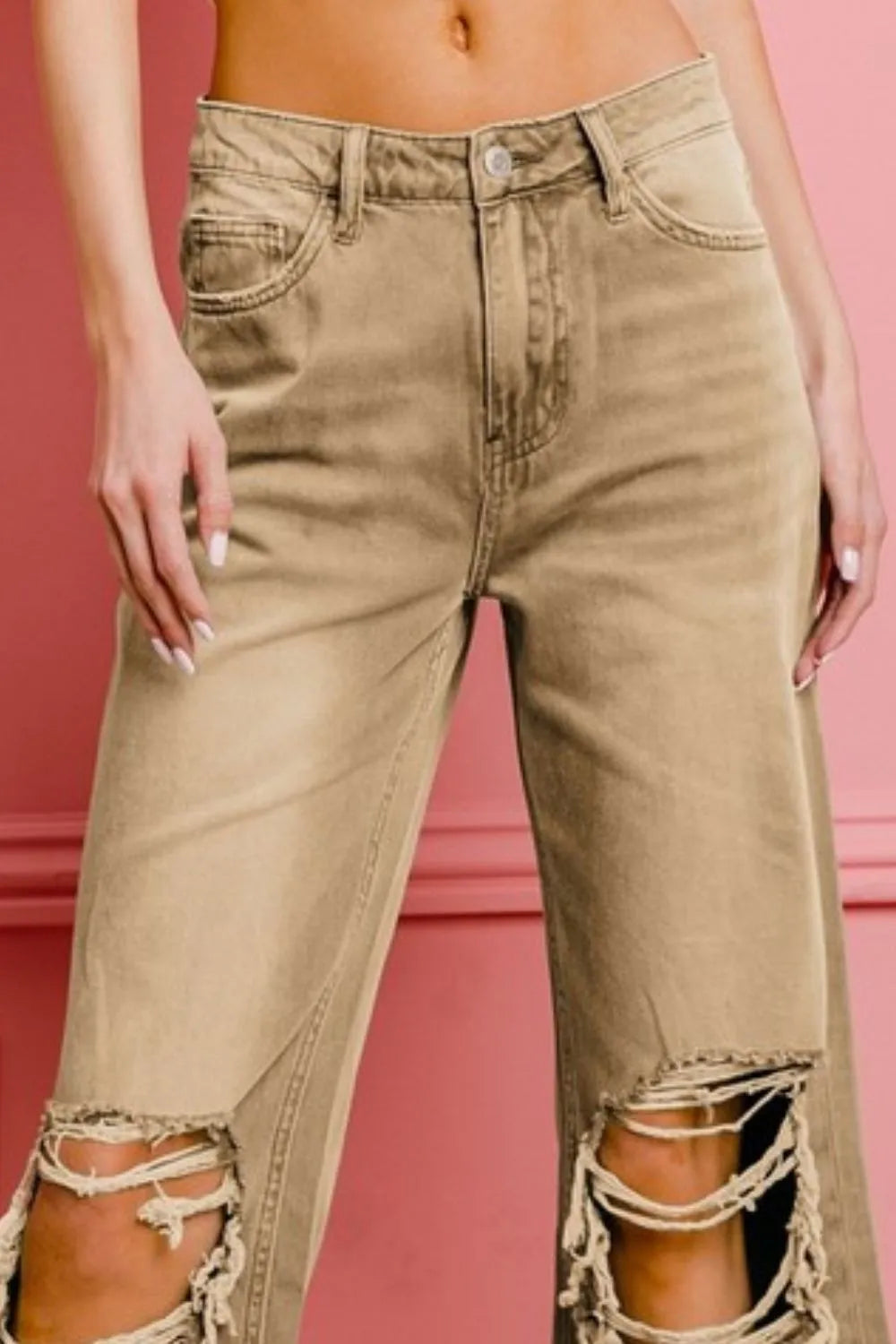 BiBi Distressed Vintage Washed Wide Leg Pants - Edgy & Flowy Comfort for Chic Looks