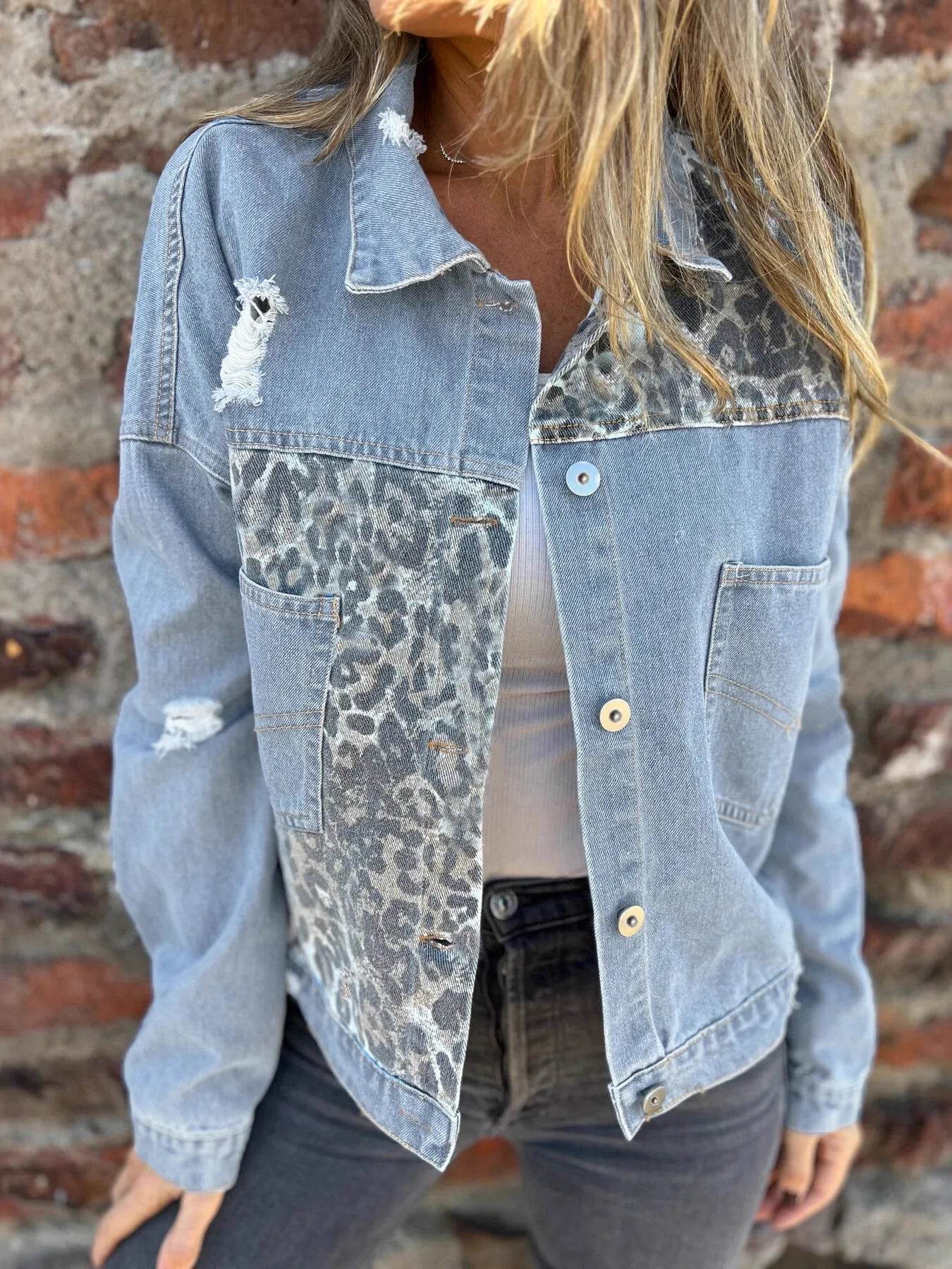 Full Size Leopard Button Up Denim Jacket Plus Size