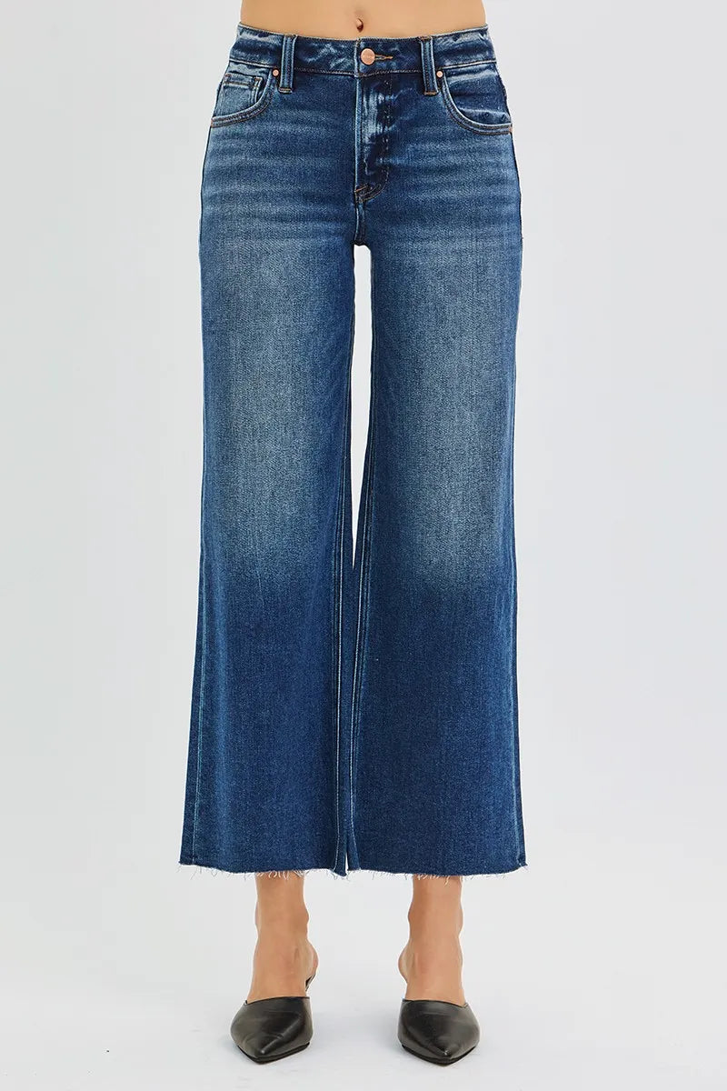 RISEN Full Size Mid Rise Crop Wide Raw Cut Hem Jeans Plus Size