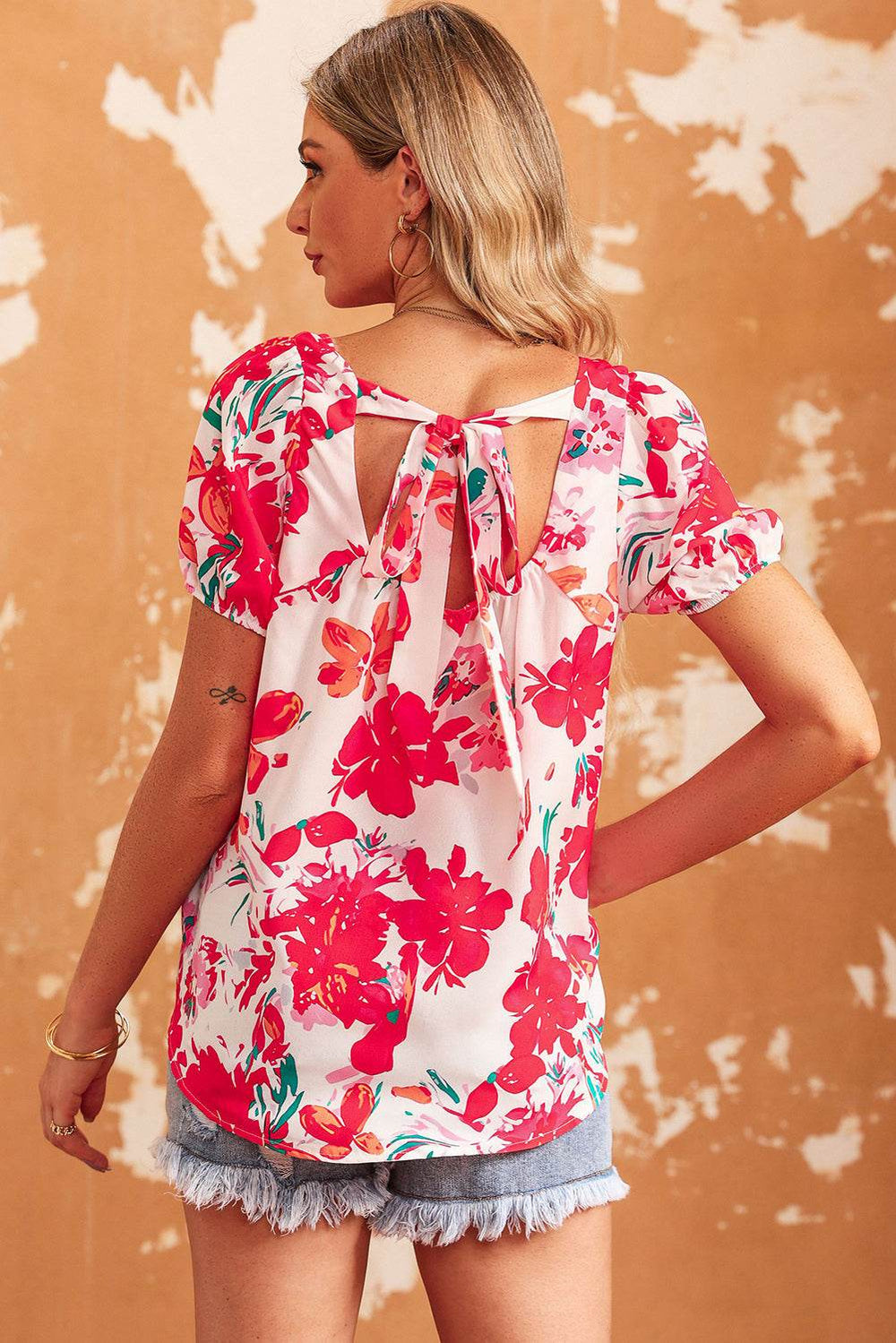 Stylish Floral Tie Back Square Neck Blouse for Women, Short Sleeve, Casual Chic