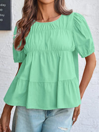 Round Neck Puff Sleeve Tiered Blouse Gum Leaf