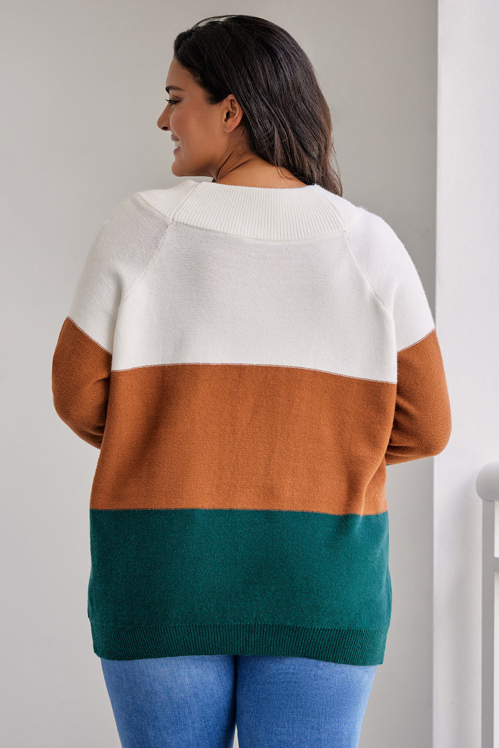 Plus Size Color Block Long Sleeve Sweater - Slightly Stretchy, Soft Viscose Blend, Trendy Style