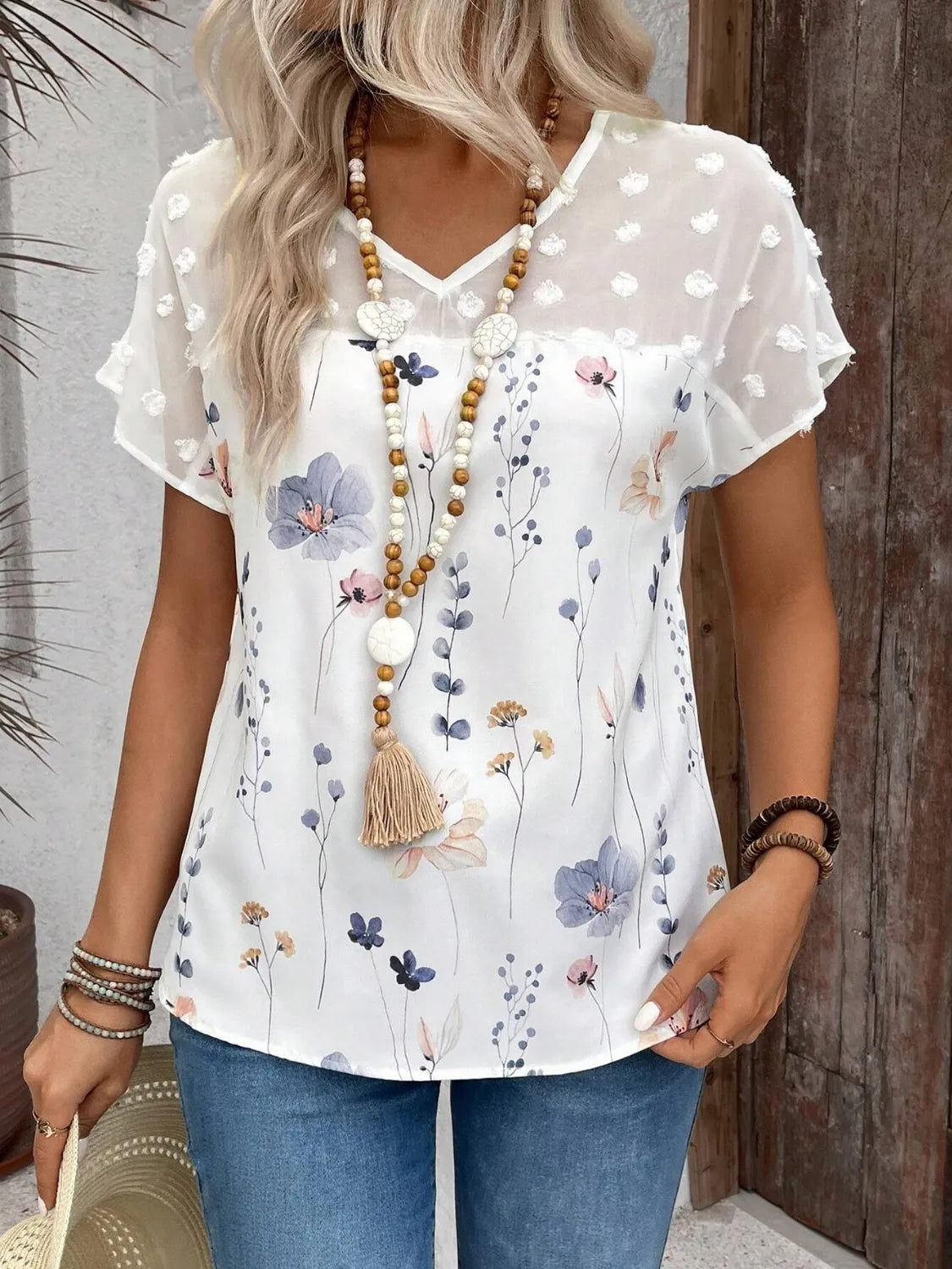 Floral Print V-Neck Flutter Sleeve Casual Top