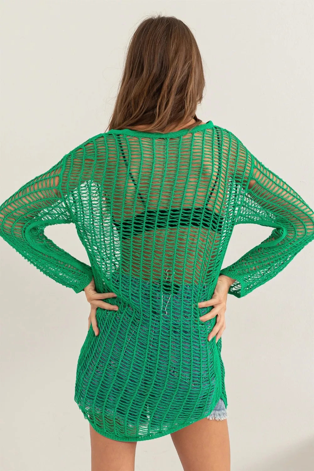 HYFVE Bohemian Crochet Long Sleeve Cover-Up - Sheer, Adjustable, Perfect For Swimsuit & Casual Wear