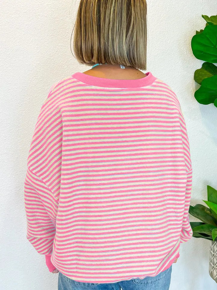 Trendy Striped Round Neck Long Sleeve Sweatshirt - Opaque, 97% Polyester, 3% Cotton