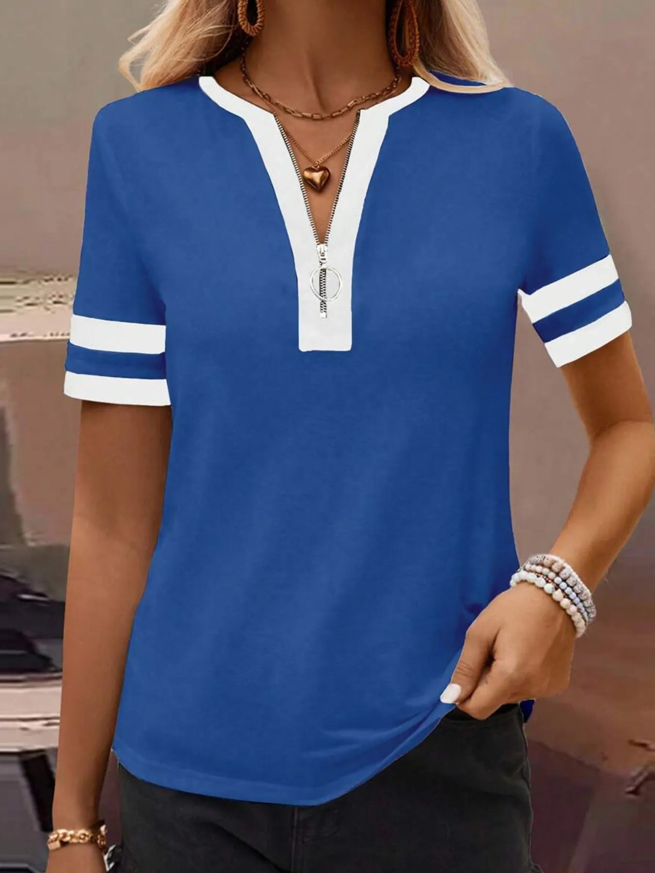 Striped Short Sleeve Half Zip Top