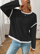 Slightly Stretchy Ribbed Long Sleeve Top with Contrast Trim - Elegant Basic Style - Store 42