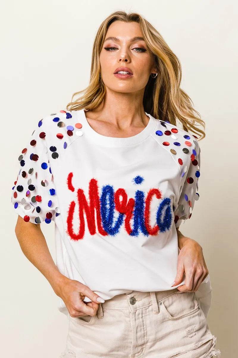 BiBi Metallic Letter Spangle Raglan Puff Sleeve Top - Store 42