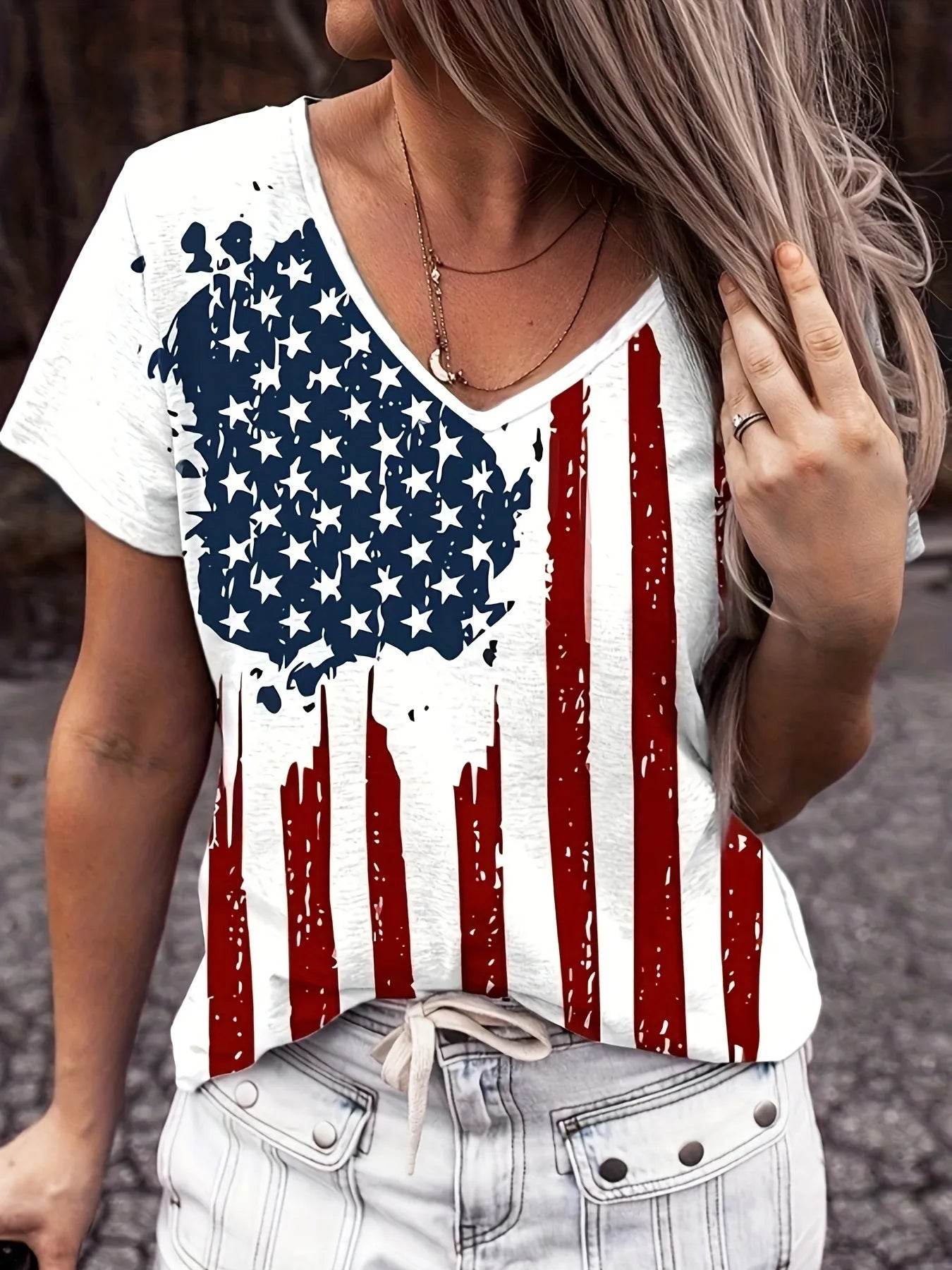 American Flag V-Neck Short Sleeve T-Shirt - 95% Polyester, 5% Spandex, Imported Style