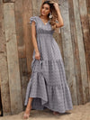 Printed V-Neck Ruffled Cap Sleeve Maxi Dress Gray