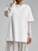 Faux Layered Round Neck Mesh Sleeve Top White
