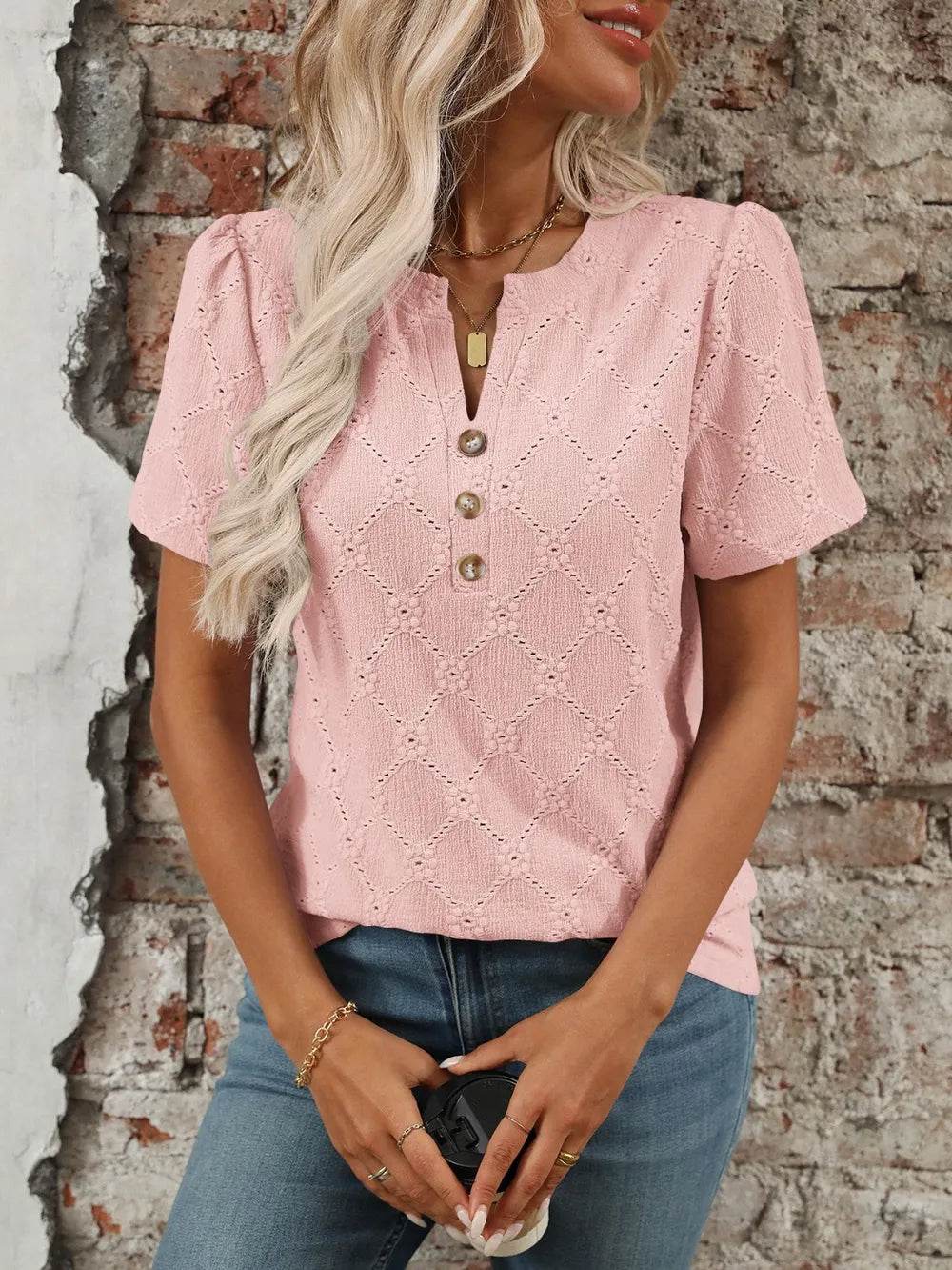 Stylish Eyelet Notched Top with Decorative Buttons - Short Sleeve & Slightly Stretchy, Opaque Fabric - Store 42